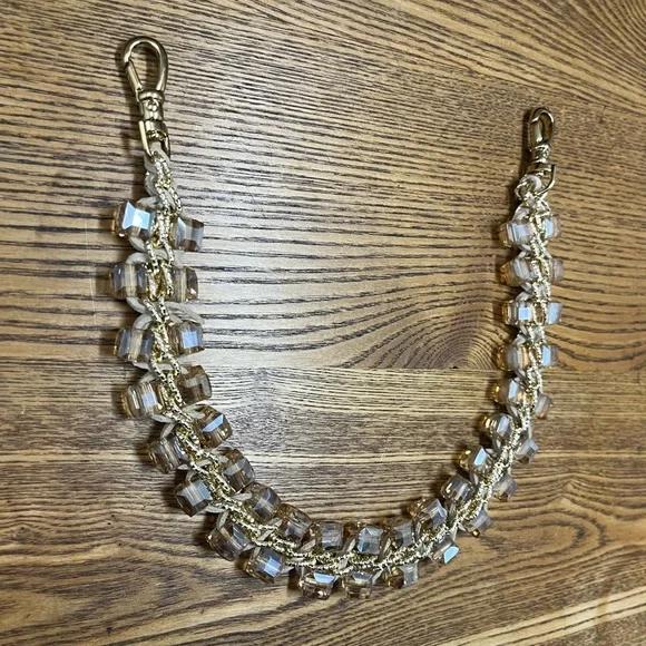 Embellished Acrylic Cube Bag Strap • Gold Chain & Woven Suede • Champagne Beads - Picture 3 of 5